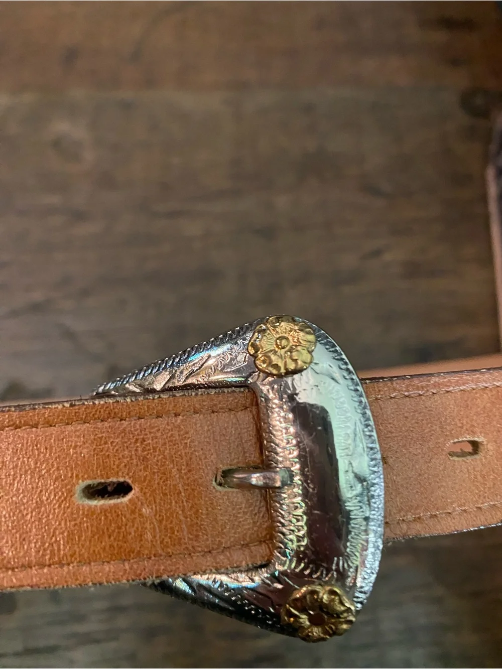 Vintage Brown Leather Western Belt with Silver & Gold Buckle 30